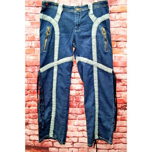 AKDMKS Jeans Women's Size 30 Blue Denim Patchwork Fringed Streetwear Preppy